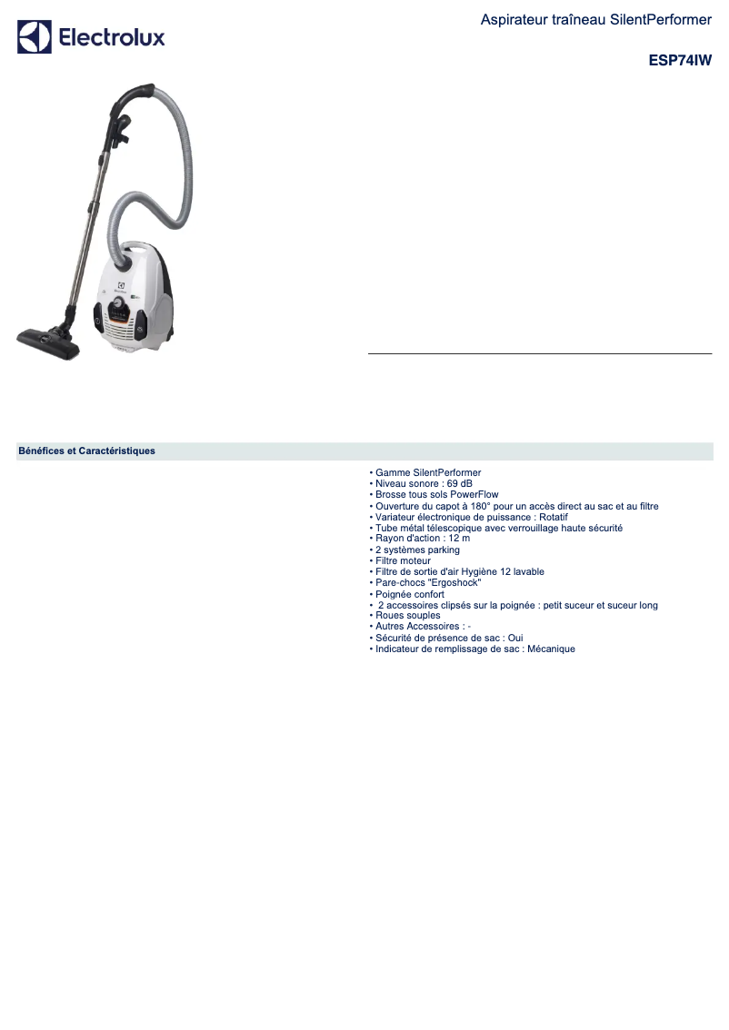 Página 1 del manual Ficha técnica Electrolux SilentPerformer ESP74IW
