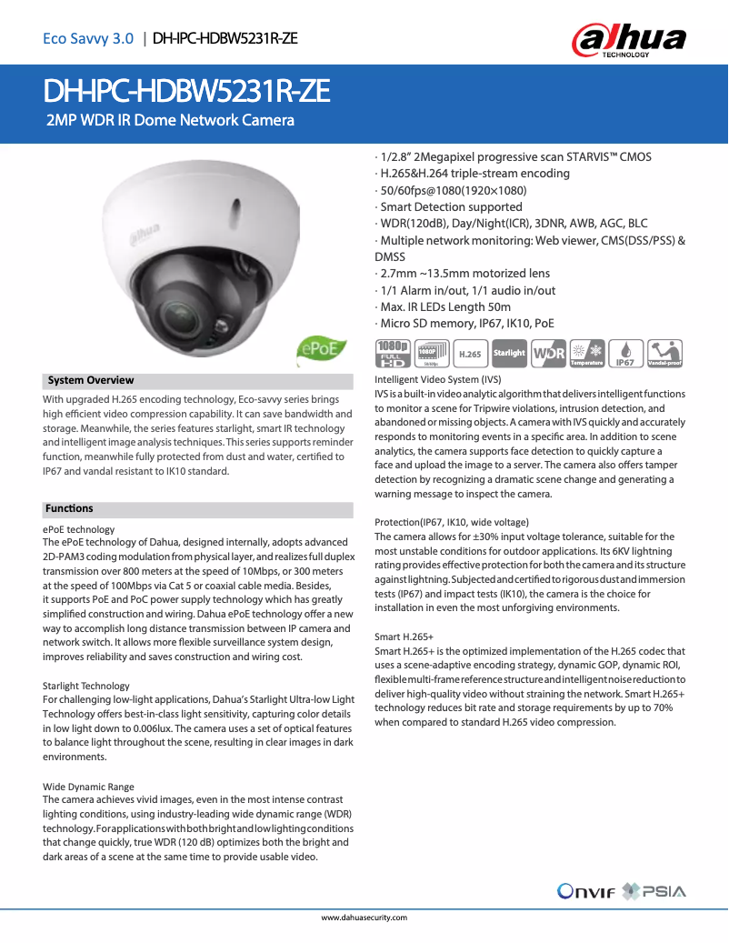 Page 1 de la notice Fiche technique Dahua Technology IPC-HDBW5231R-ZE