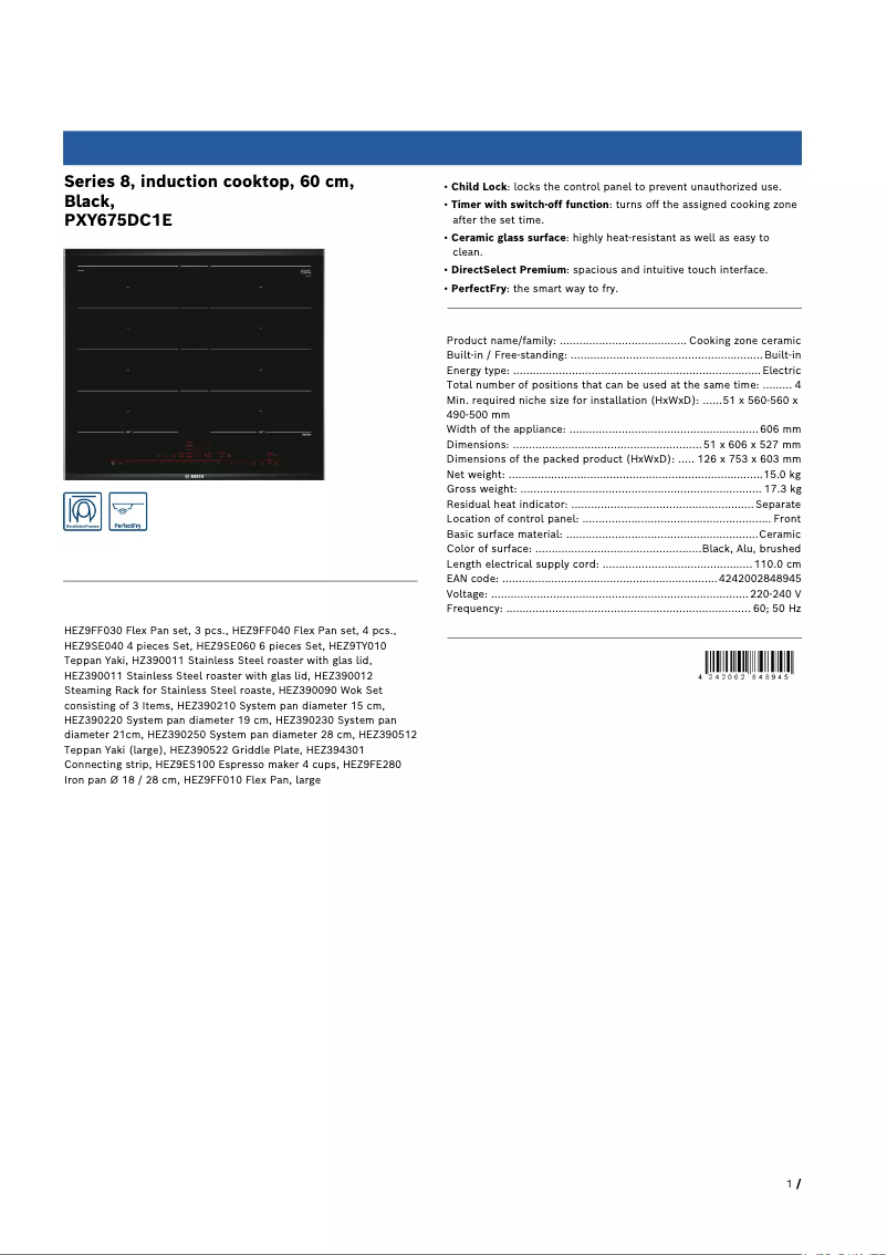 Page 1 de la notice Fiche technique Bosch PXY675DC1E