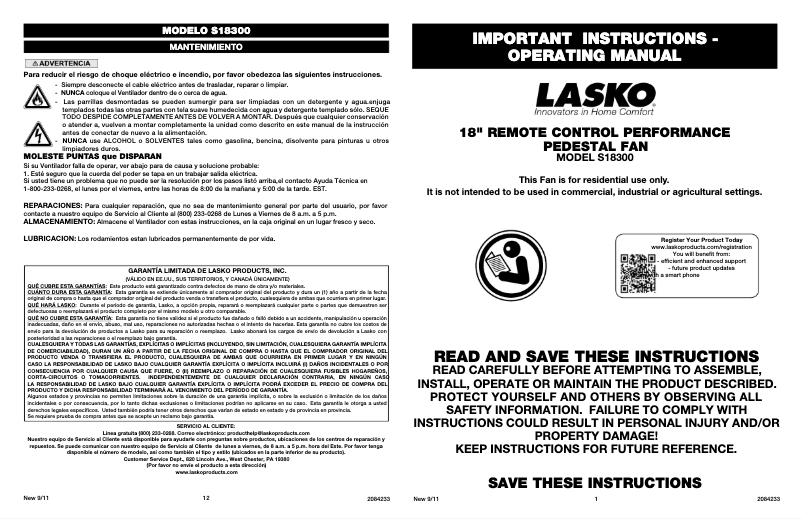 Page 1 of the manual User Manual Lasko S18300