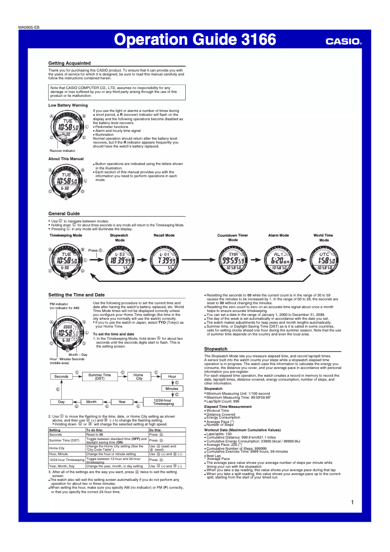 Page 1 de la notice Manuel utilisateur Casio SGW200-1V