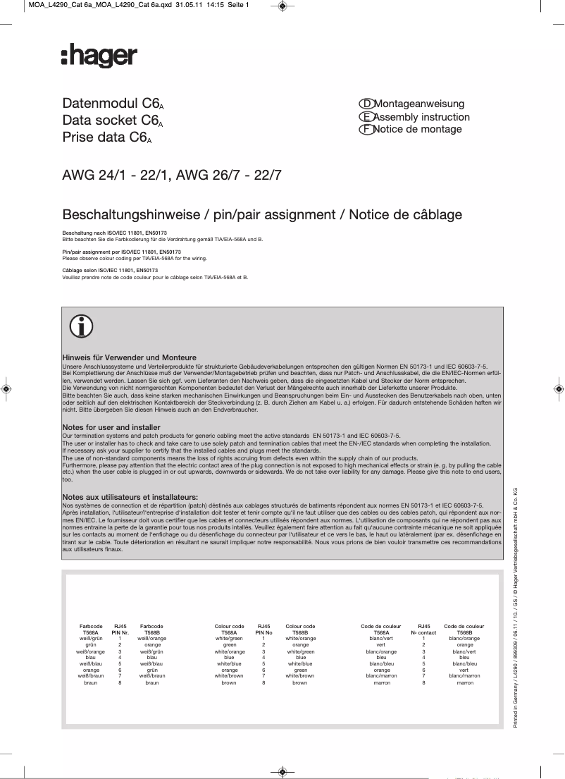 Page 1 de la notice Guide d'installation Hager SL20080920FD1