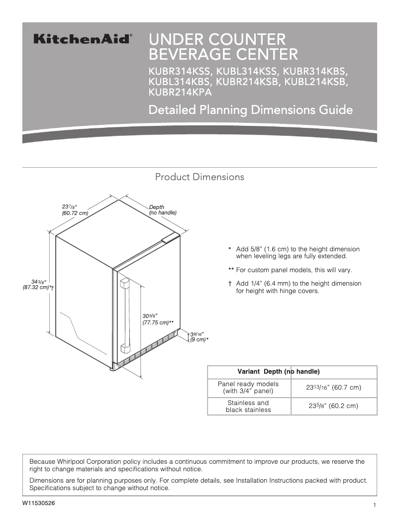 Página 1 del manual Dibujo técnico KitchenAid KUBL314KSS