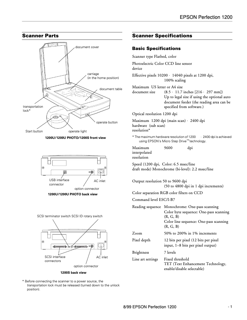 Page 1 de la notice Fiche technique Epson Perfection 1200U