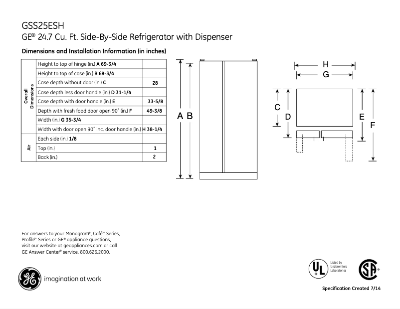 Page 1 de la notice Fiche technique GE GSS25ESHSS