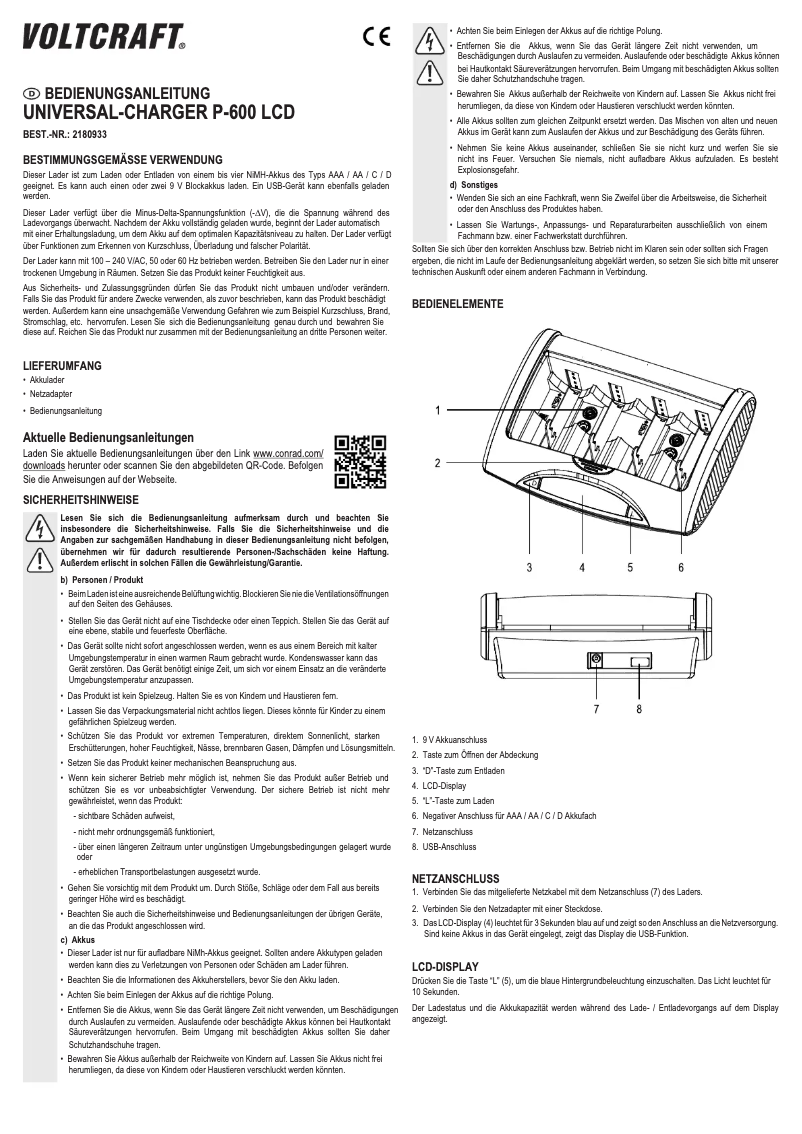 Page 1 de la notice Manuel utilisateur Voltcraft P-600 LCD