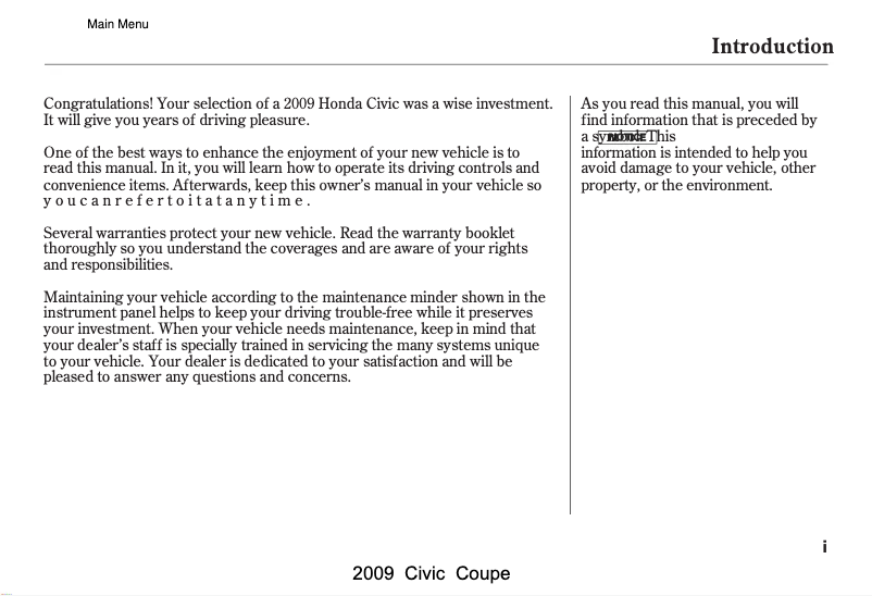 Page 1 de la notice Manuel utilisateur Honda Civic Si Sedan (2009)