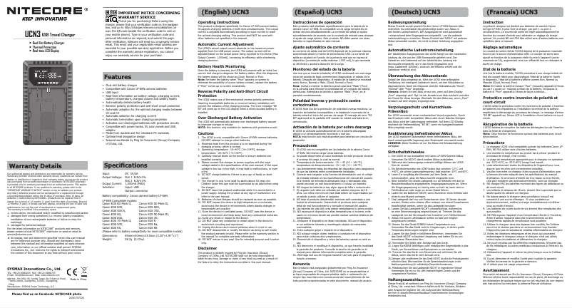 Page 1 de la notice Manuel utilisateur Nitecore UCN3