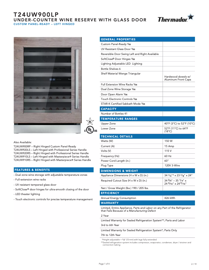 Page 1 de la notice Fiche technique Thermador T24UW900LP