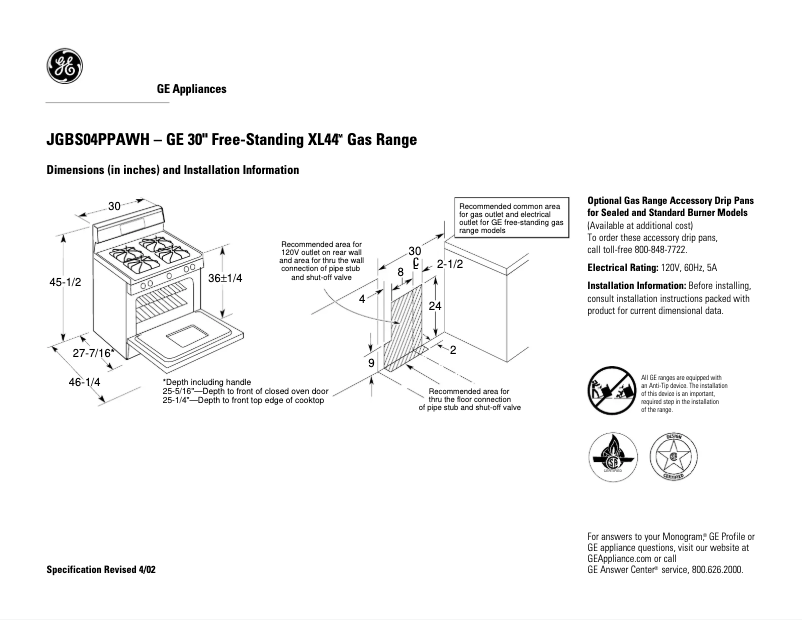 Page 1 de la notice Fiche technique GE JGBS04PPAWH