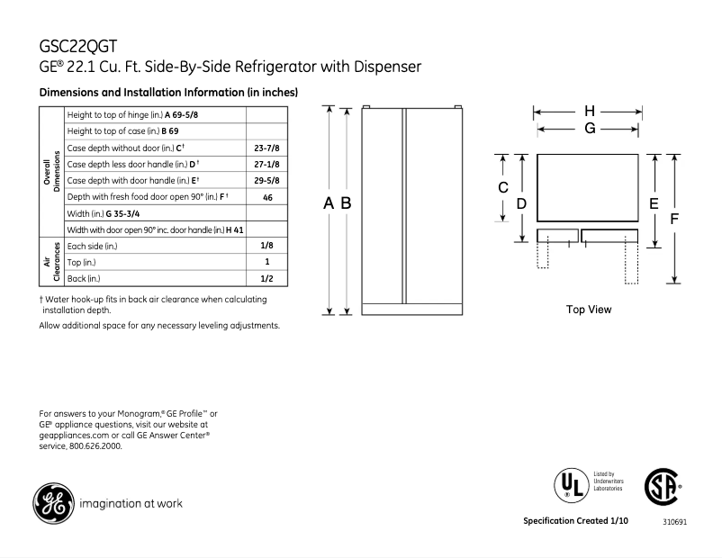 Page 1 de la notice Fiche technique GE GSC22QGTBB