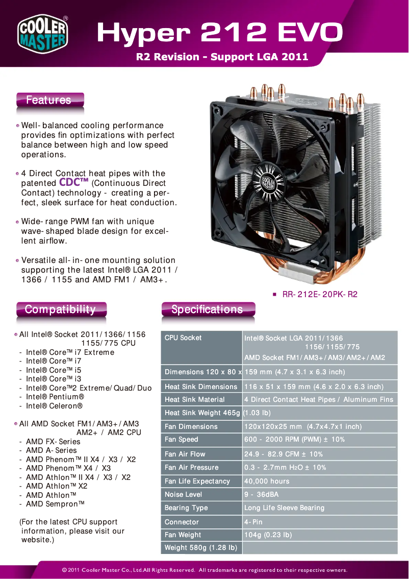 Page 1 de la notice Fiche technique Cooler Master Hyper 212 EVO