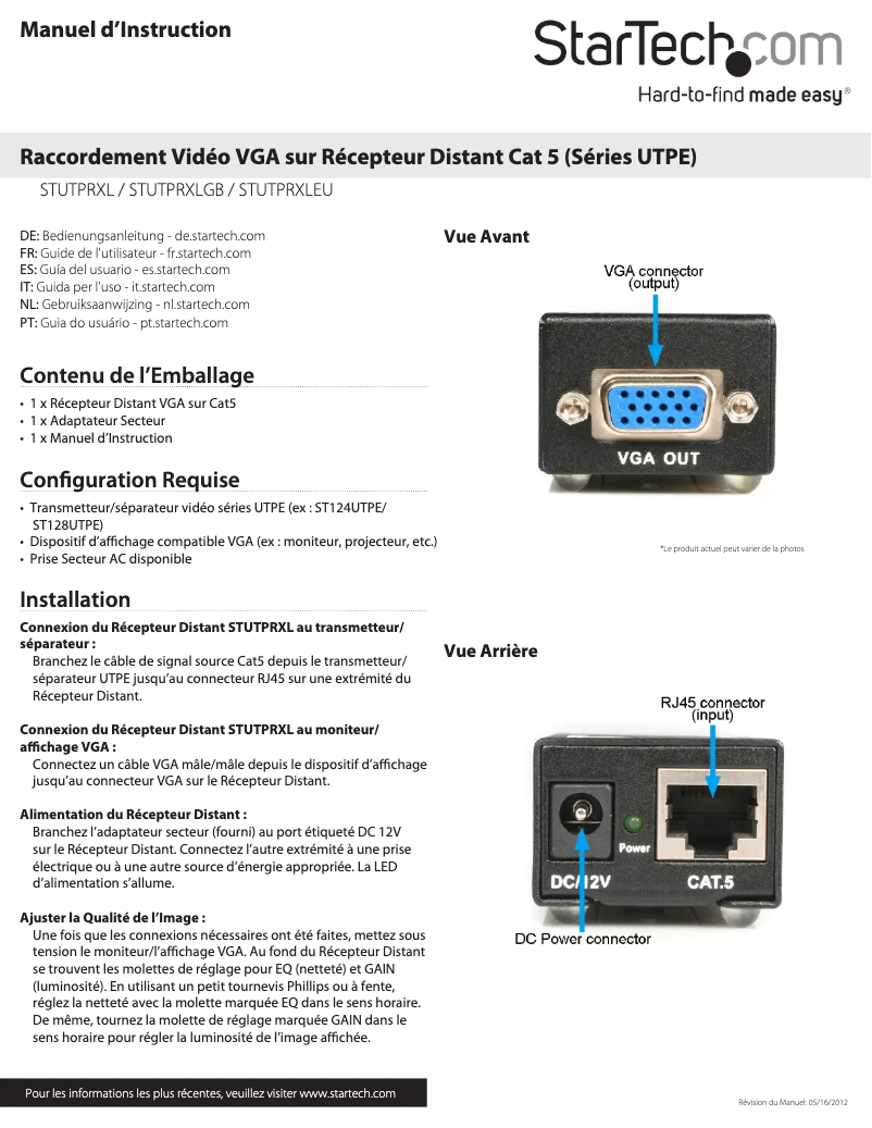 Page 1 de la notice Manuel utilisateur StarTech.com STUTPRXL