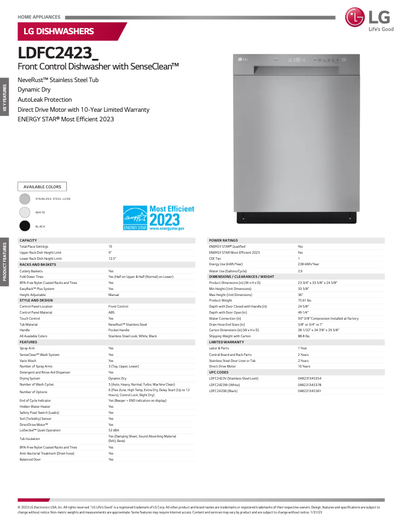 Page 1 de la notice Fiche technique LG MFL69261741