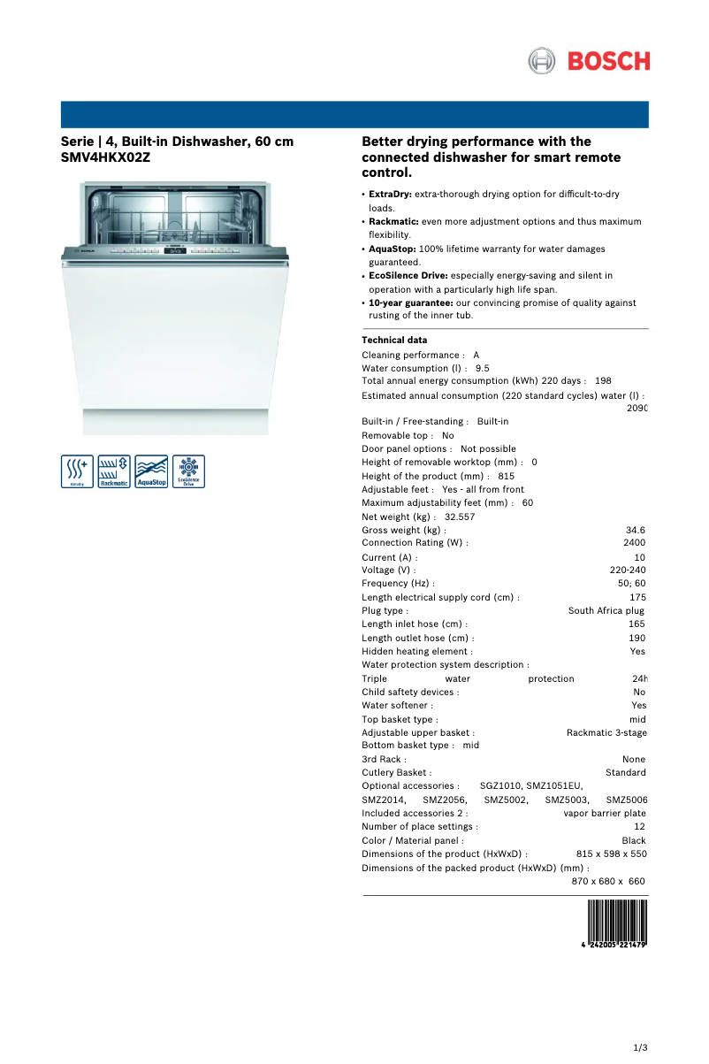 Page 1 of the manual Technical Sheet Bosch SMV4HKX02Z