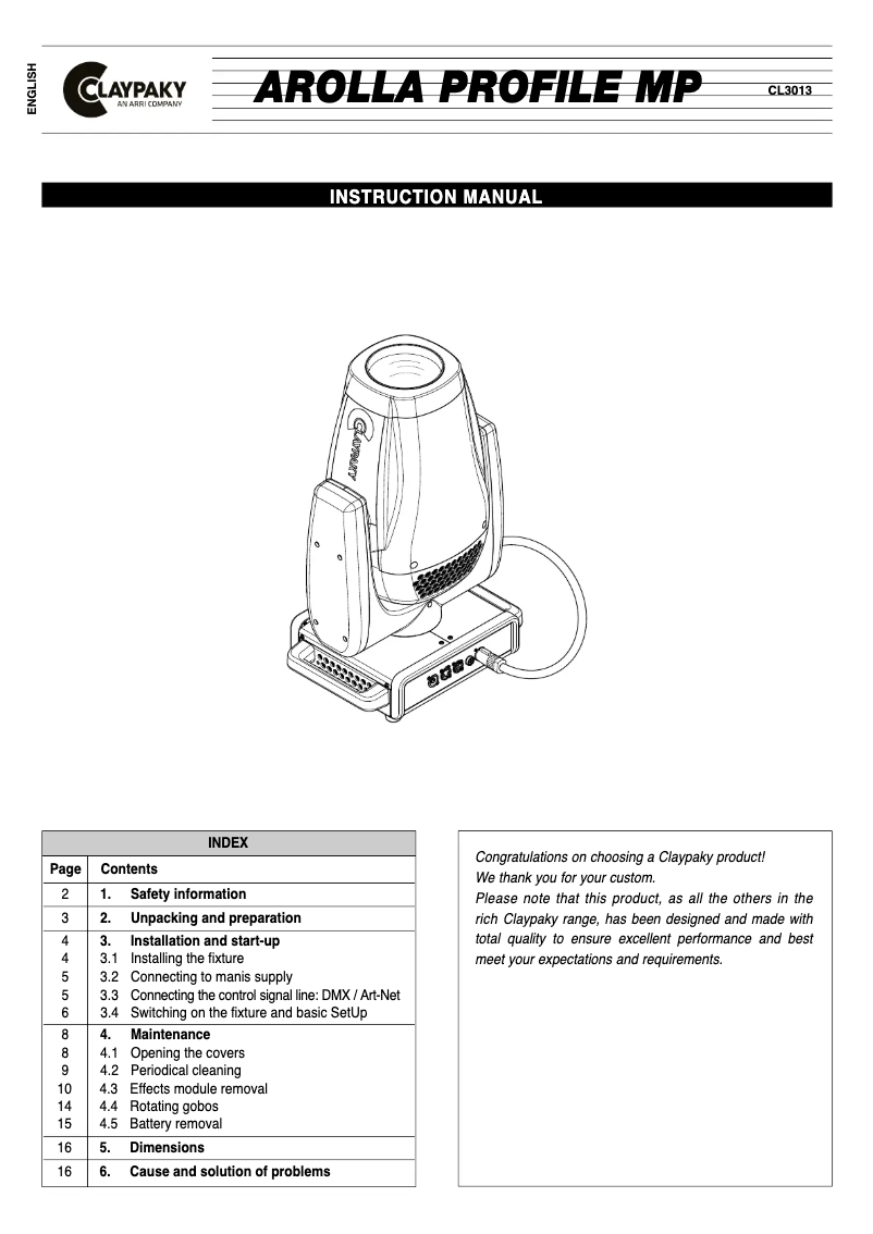 Page 1 of the manual User Manual Claypaky Arolla Profile MP