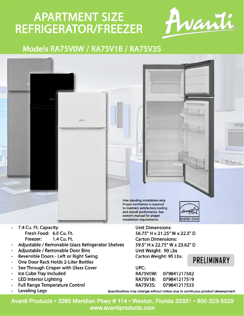 Page 1 de la notice Fiche technique Avanti RA75V0W