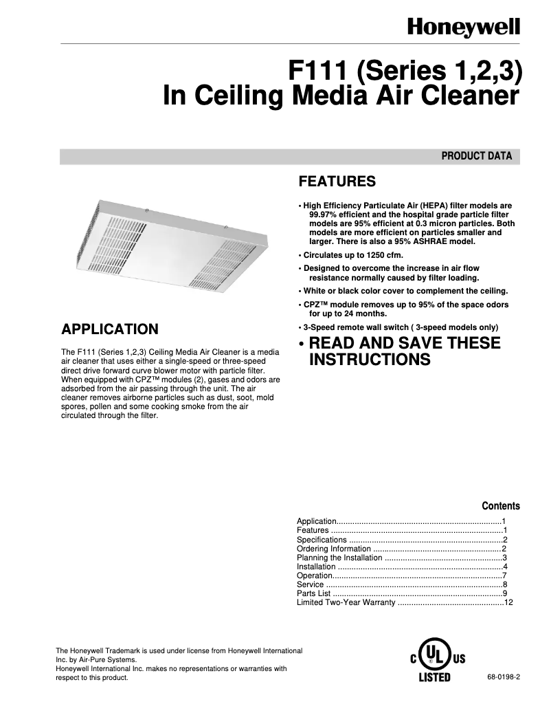 Page 1 de la notice Mode d'emploi Honeywell F111C1073B-3S