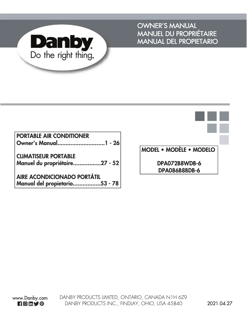 Page 1 de la notice Manuel utilisateur Danby DPA072B8WDB-6
