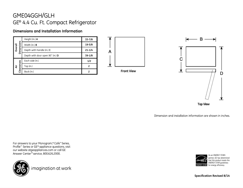 Page 1 de la notice Fiche technique GE GME04GGHWW