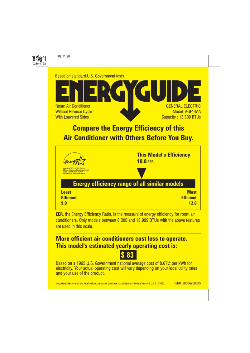 Page 1 of the manual Energy Label GE AGF14AA