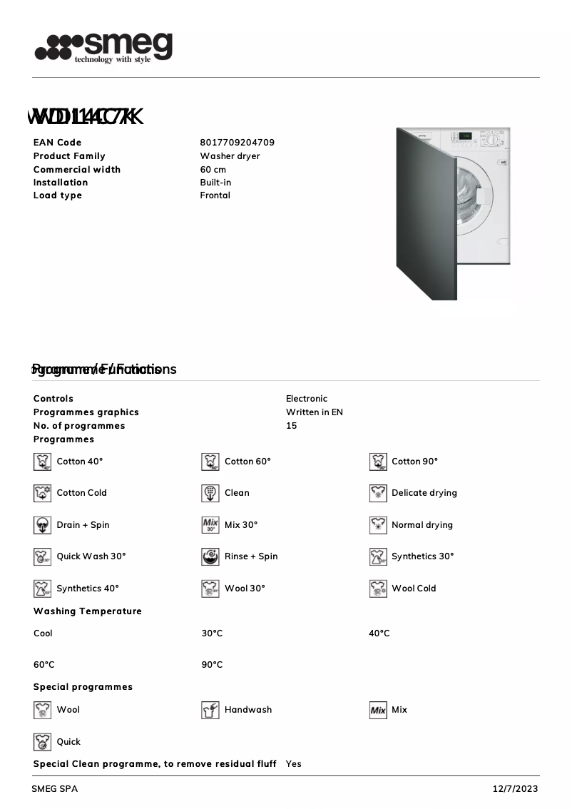 Página 1 del manual Ficha técnica Smeg WDI14C7K