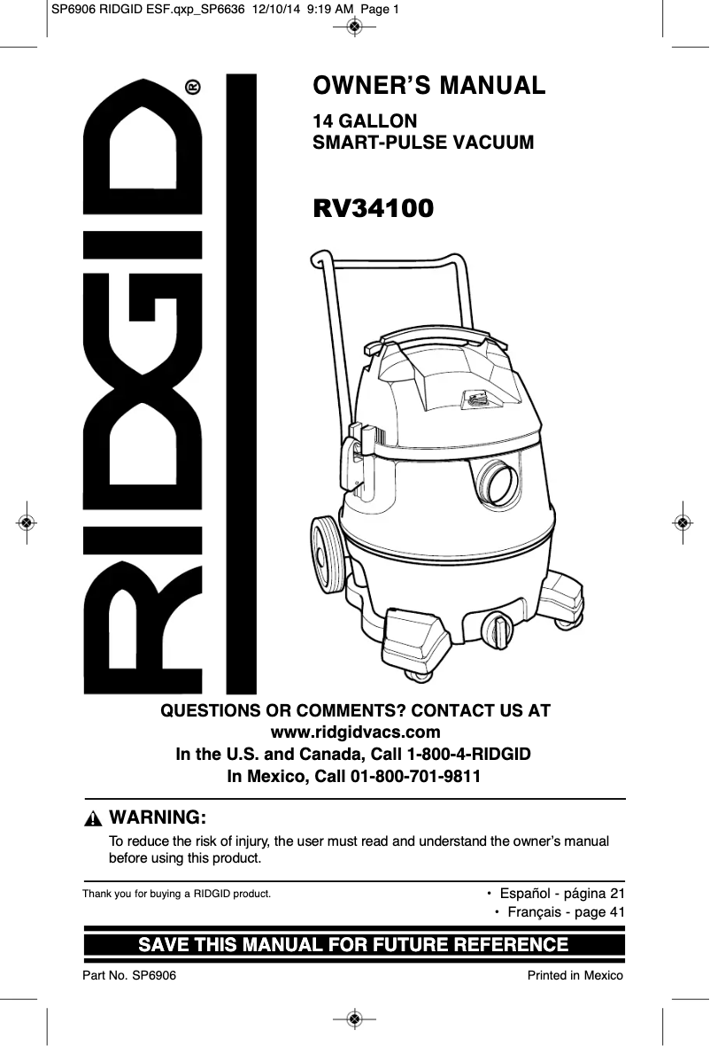 Página 1 del manual Manual de usuario Ridgid Smart Pulse VT2580