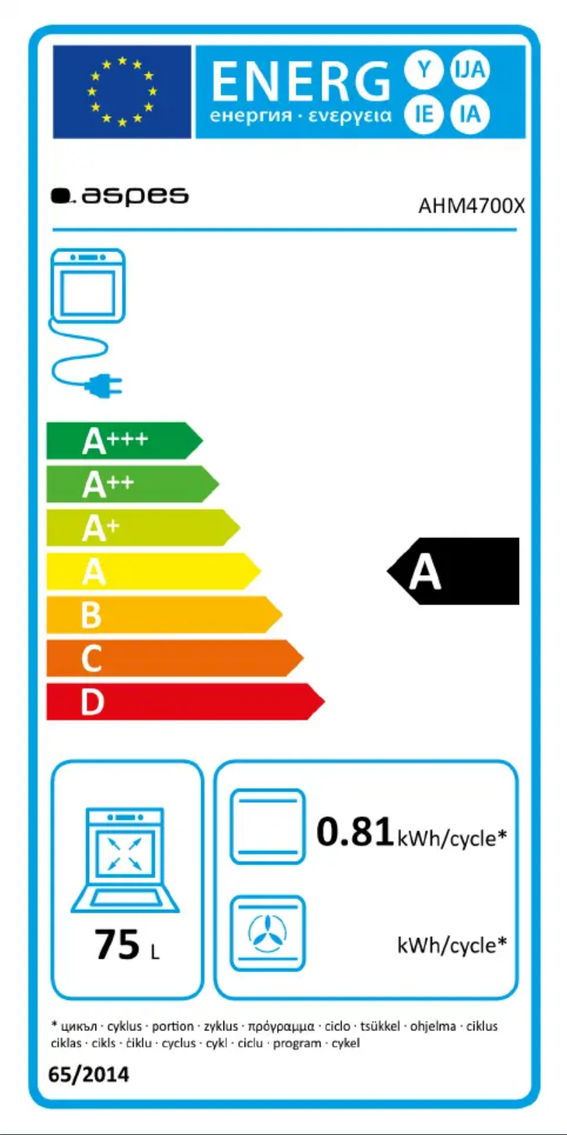 Page 1 of the manual Energy Label Aspes AHM4700X