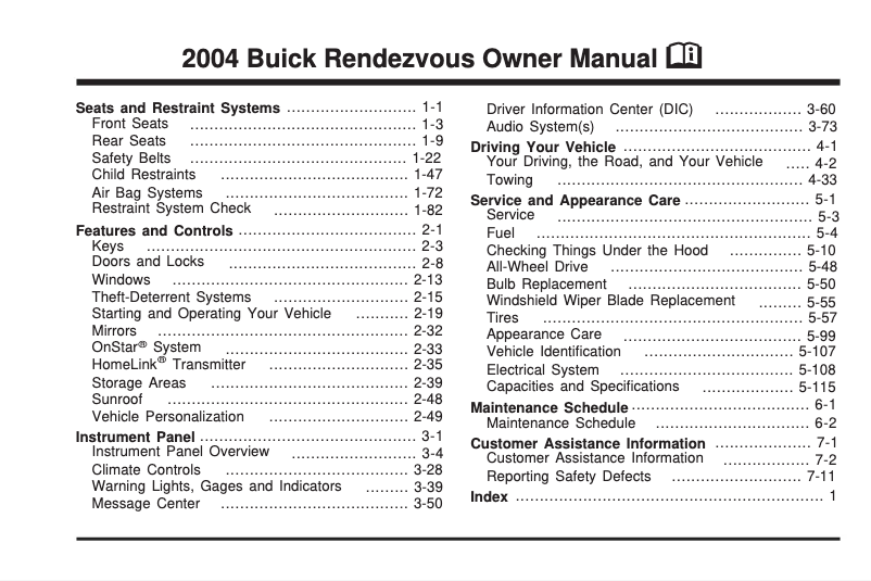 Page 1 de la notice Manuel utilisateur Buick Rendezvous (2005)