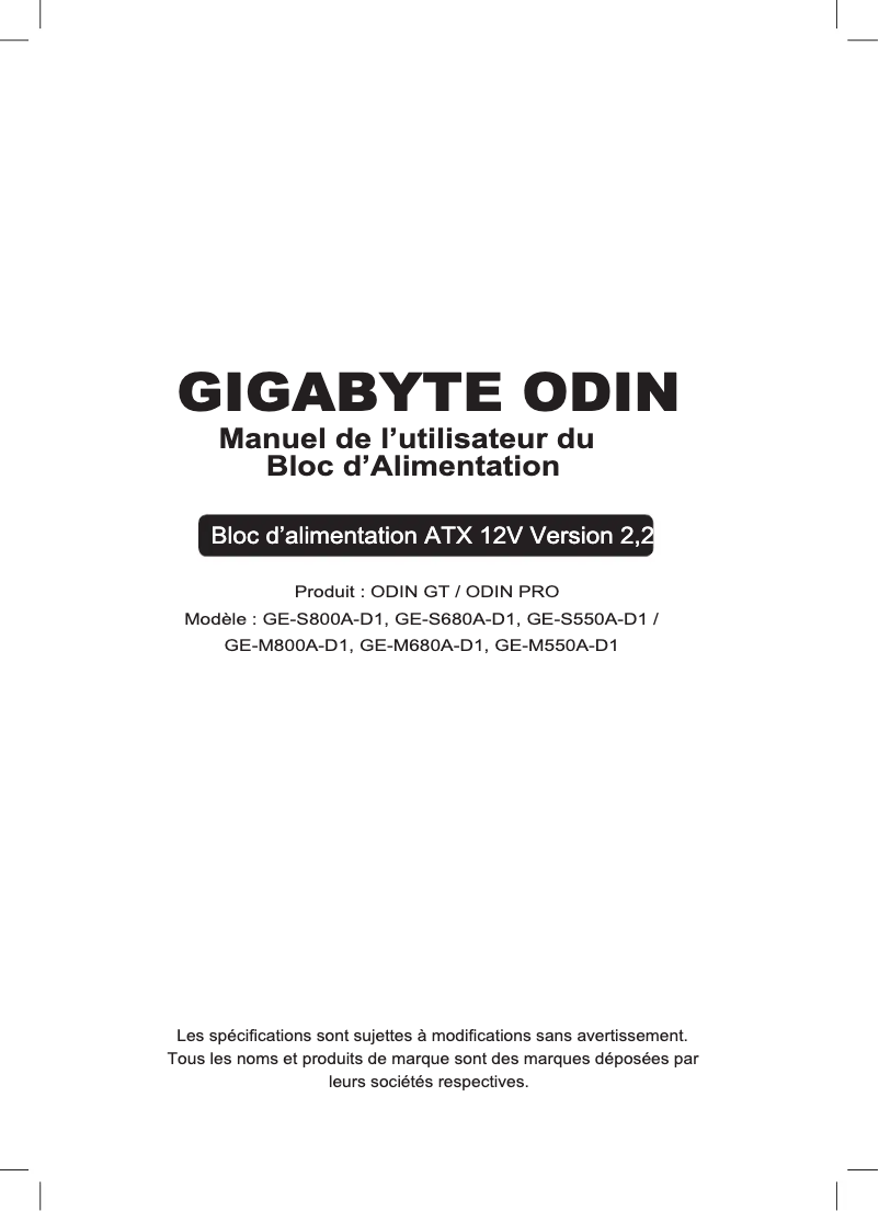 Page 1 de la notice Manuel utilisateur Gigabyte ODIN Pro 550W