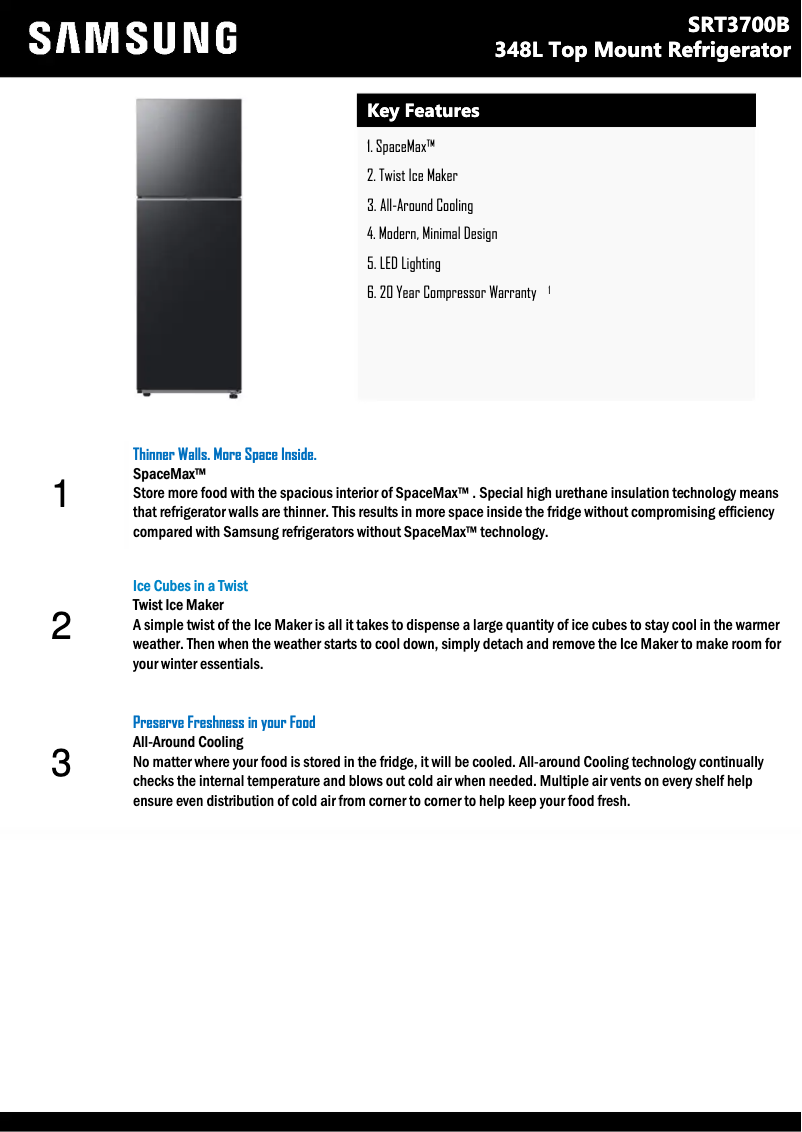 Page 1 de la notice Fiche technique Samsung SRT3700B