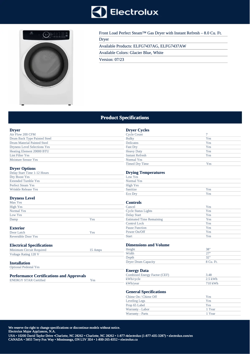 Página 1 del manual Ficha técnica Electrolux ELFG7437AG