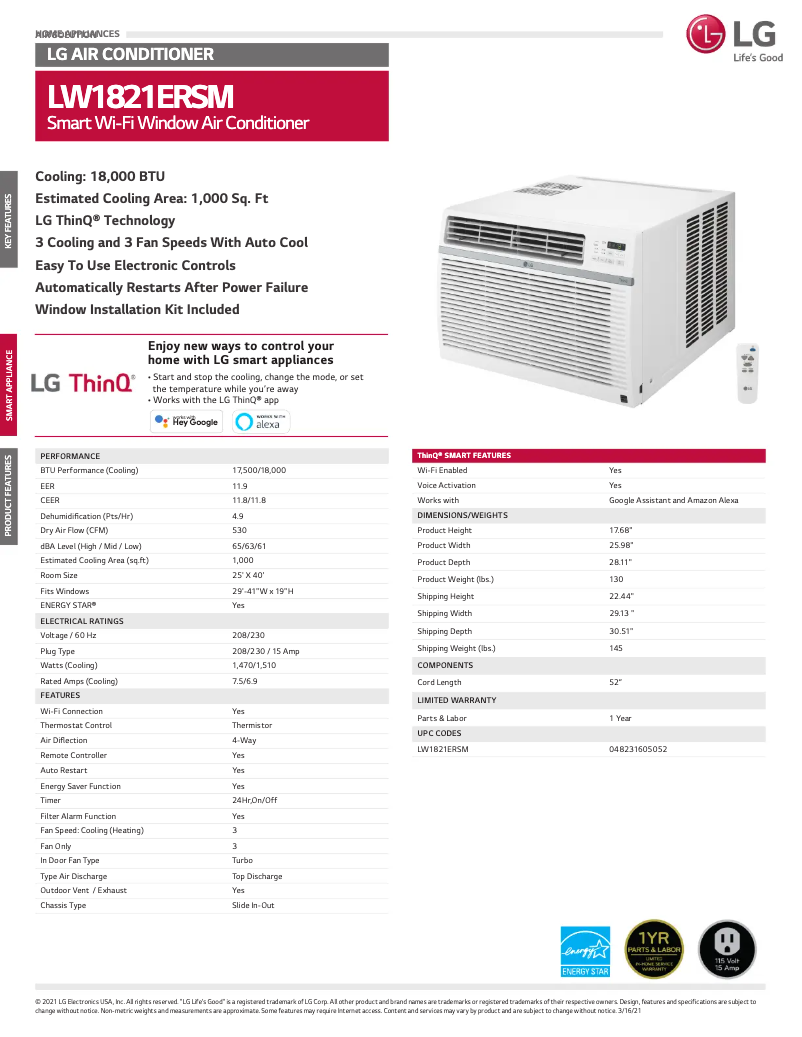 Page 1 de la notice Fiche technique LG LW1821ERSM