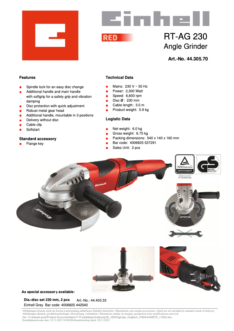 Page 1 de la notice Fiche technique Einhell RT-AG 230