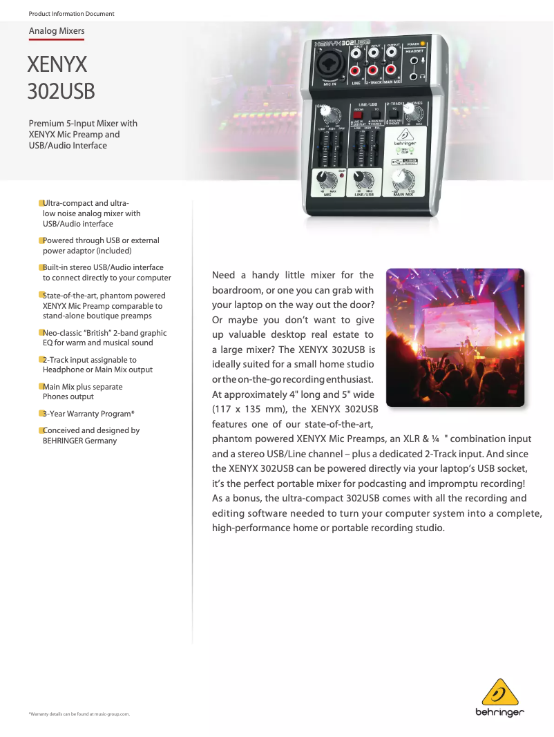 Page 1 de la notice Fiche technique Behringer Xenyx 302USB