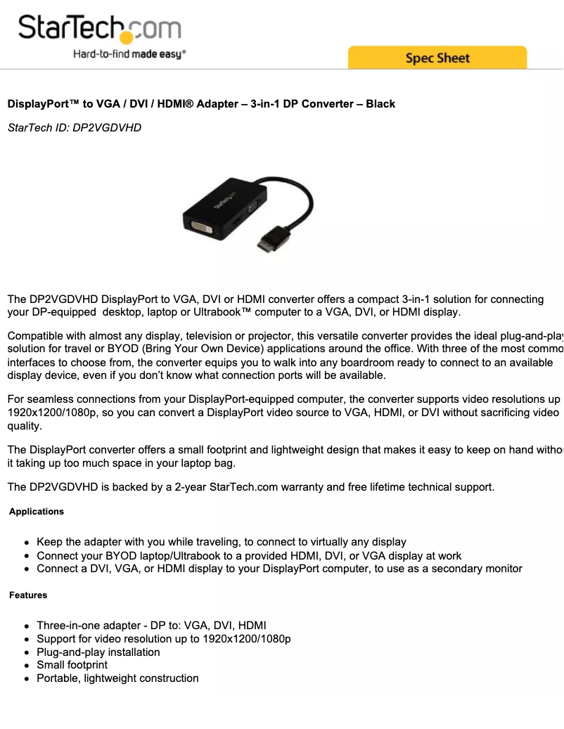 Page 1 of the manual Brochure StarTech.com DP2VGDVHD