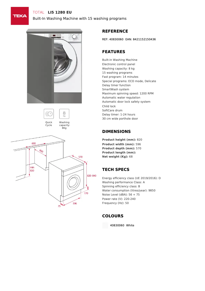 Page 1 de la notice Fiche technique Teka LI5 1280