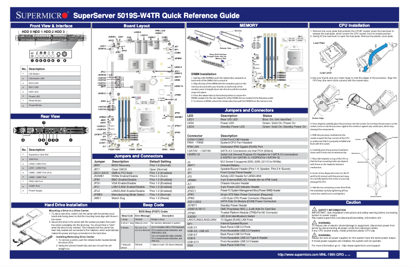 Page 1 de la notice Guide de démarrage rapide Supermicro SuperServer 5019S-W4TR