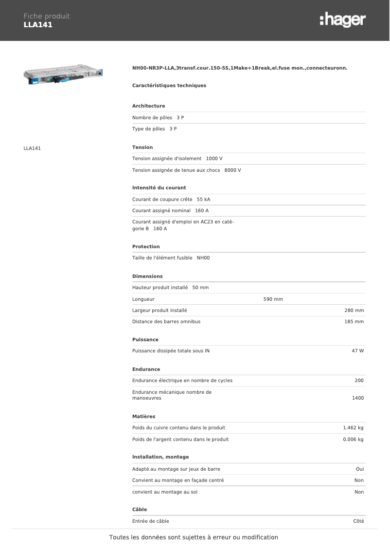 Page 1 de la notice Fiche technique Hager LLA141