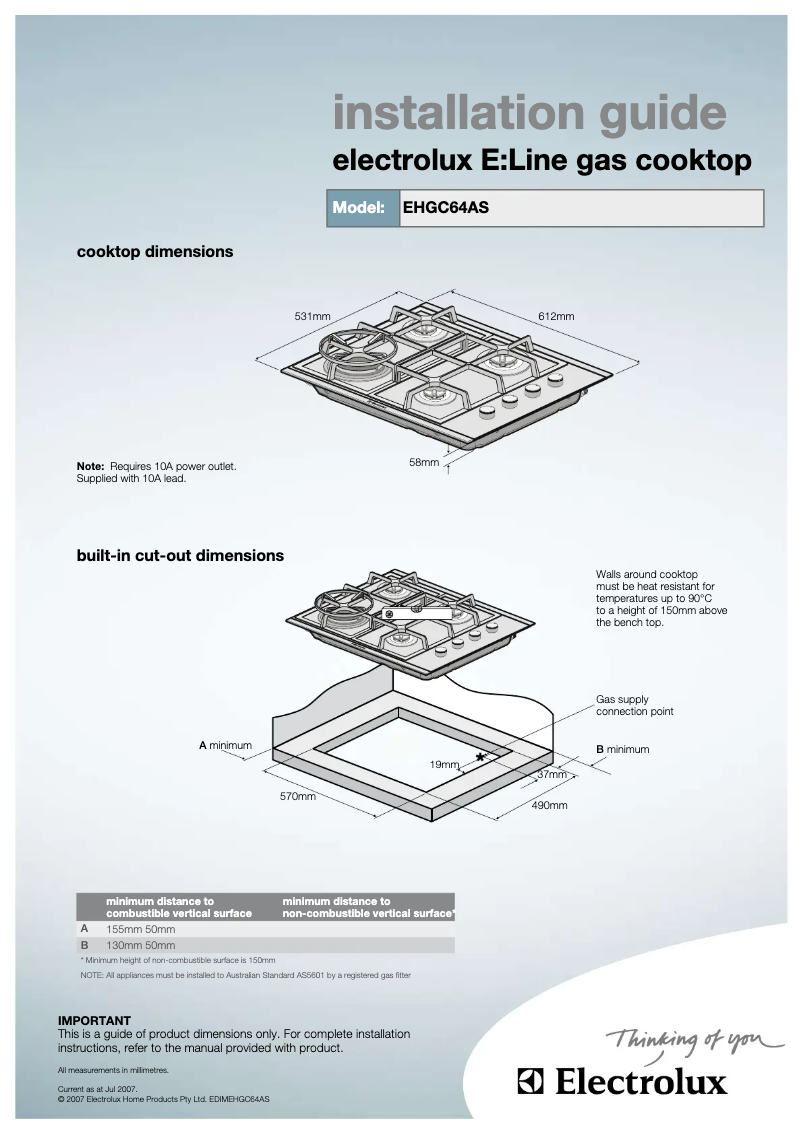 Page 1 de la notice Guide d'installation Electrolux EHGC64AS