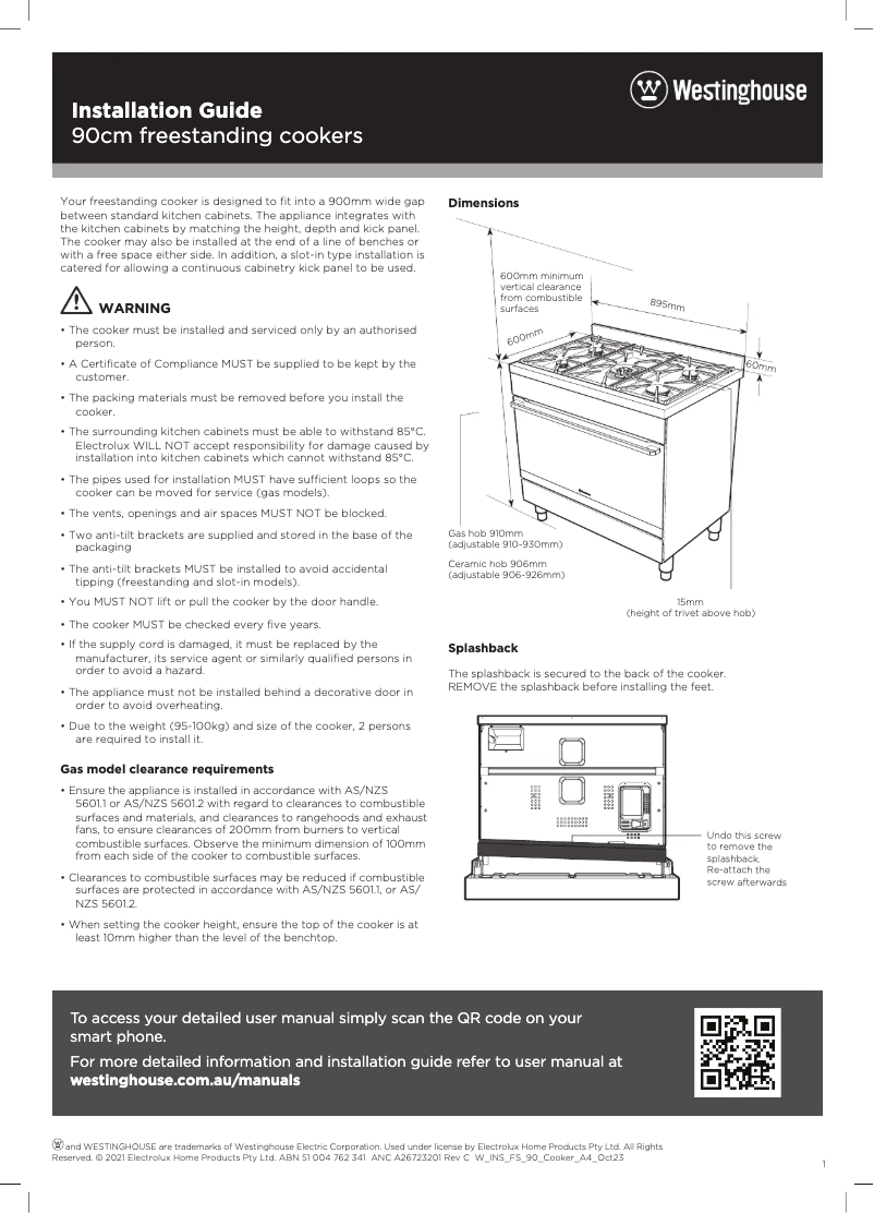 Page 1 de la notice Guide d'installation Westinghouse WFE9756DD