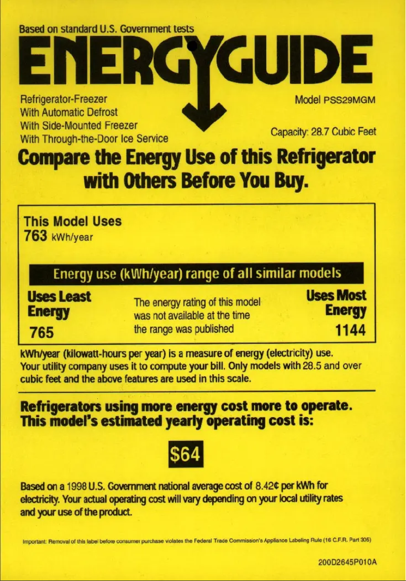 Page 1 de la notice Label énergétique GE Profile Arctica PSS29MGMCC