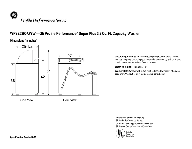 Page 1 de la notice Fiche technique GE Profile WPSE5290AWW