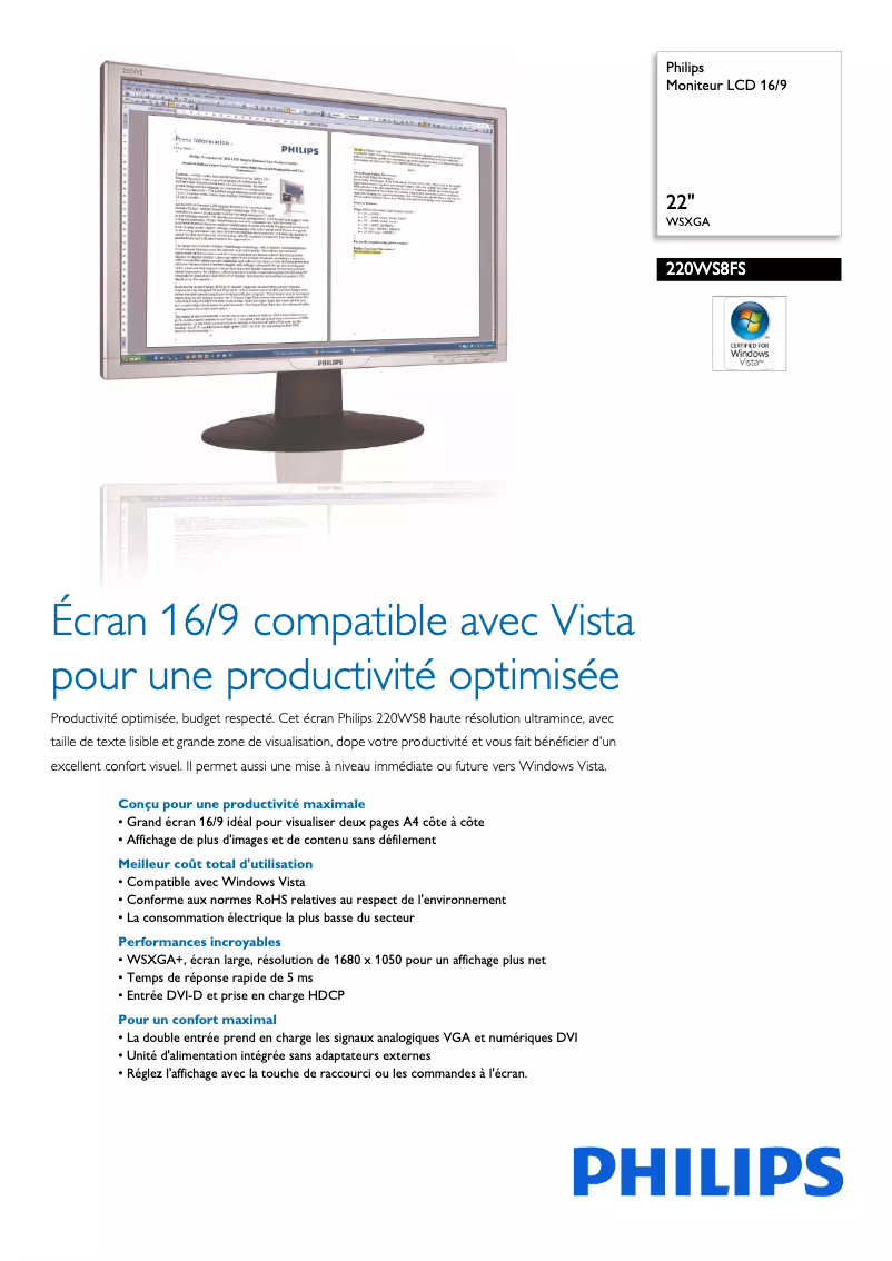 Page n°1 - Fiche technique Philips 220WS8FS