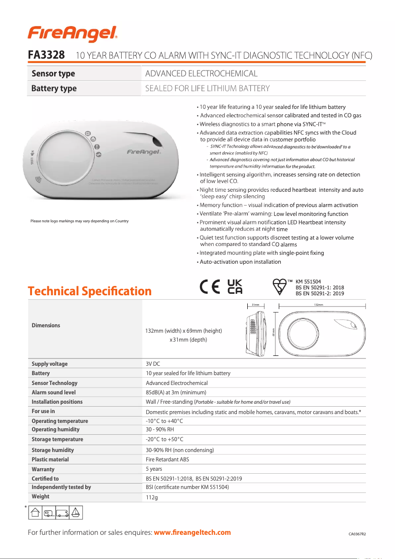 Page 1 de la notice Fiche technique FireAngel FA3328-EUT