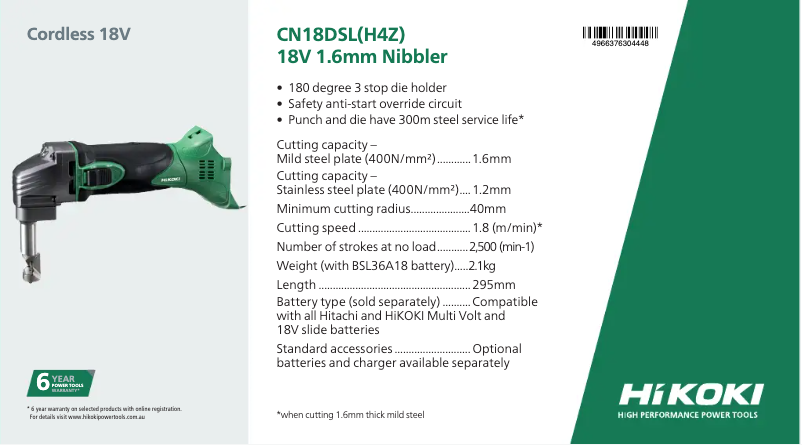 Page 1 de la notice Fiche technique HiKOKI CN18DSL