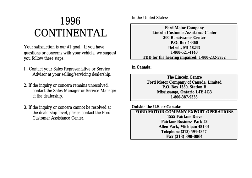 Page 1 de la notice Manuel utilisateur Lincoln Continental (1996)