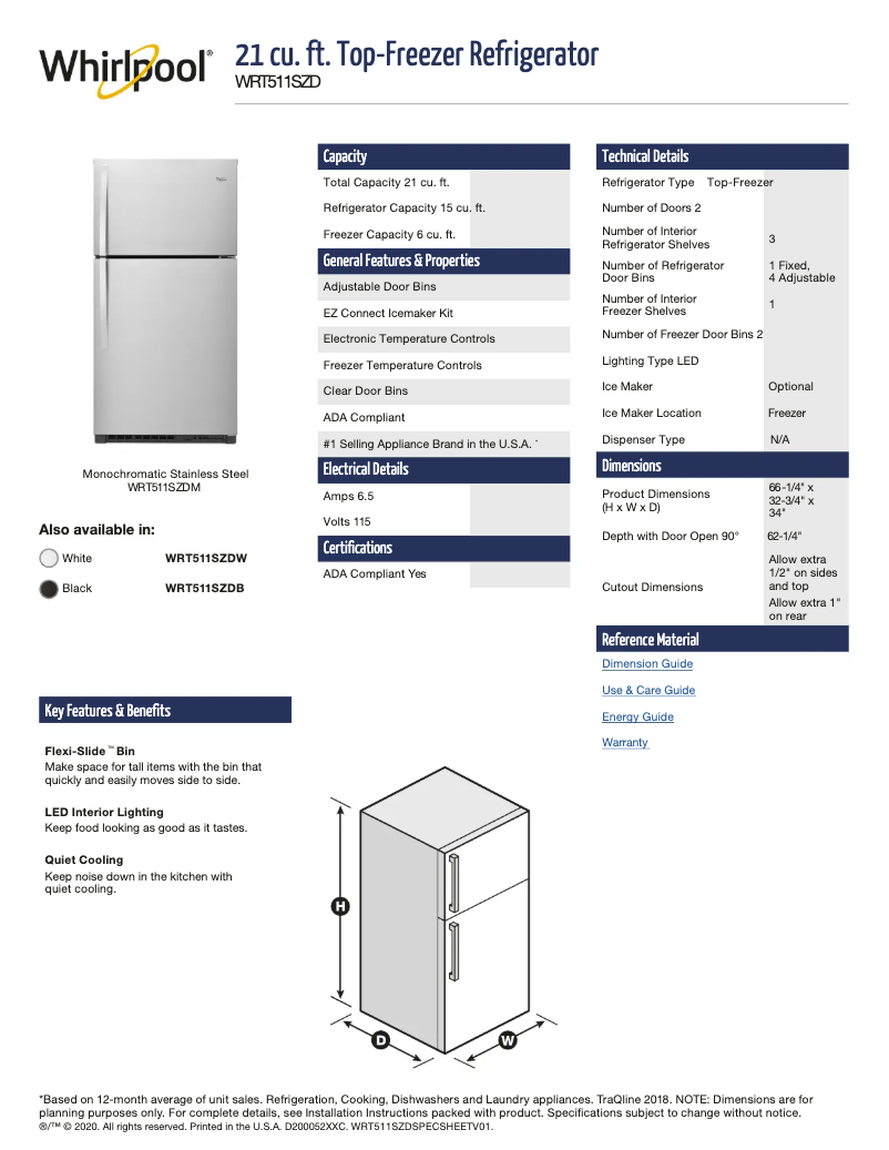 Page 1 de la notice Fiche technique Whirlpool WRT318FZDMSS