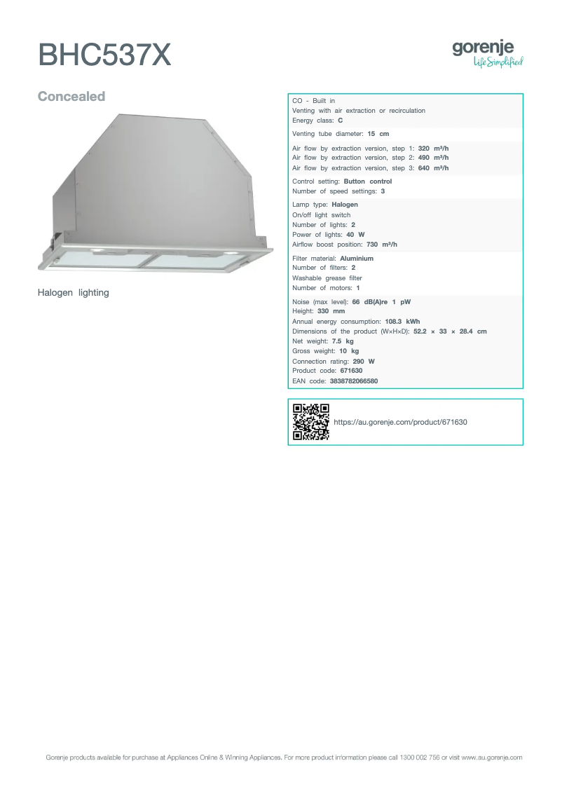 Page 1 de la notice Fiche technique Gorenje BHC537X