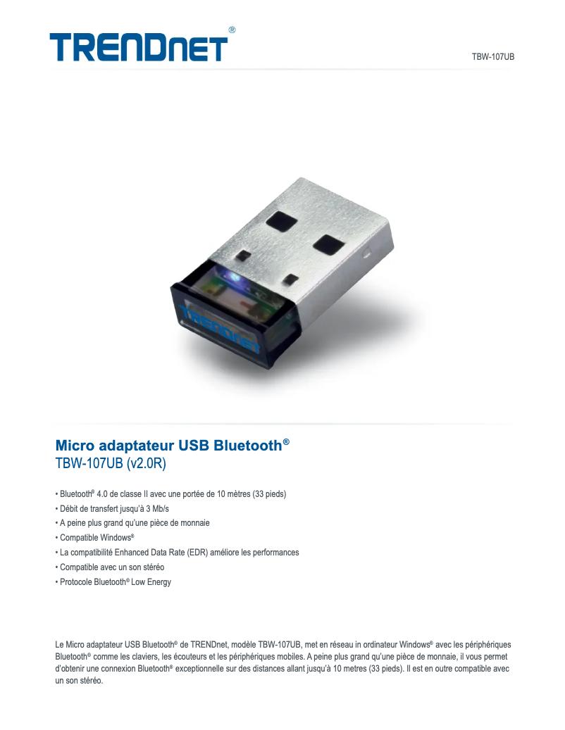 Page 1 of the manual Technical Sheet TRENDnet TBW-107UB